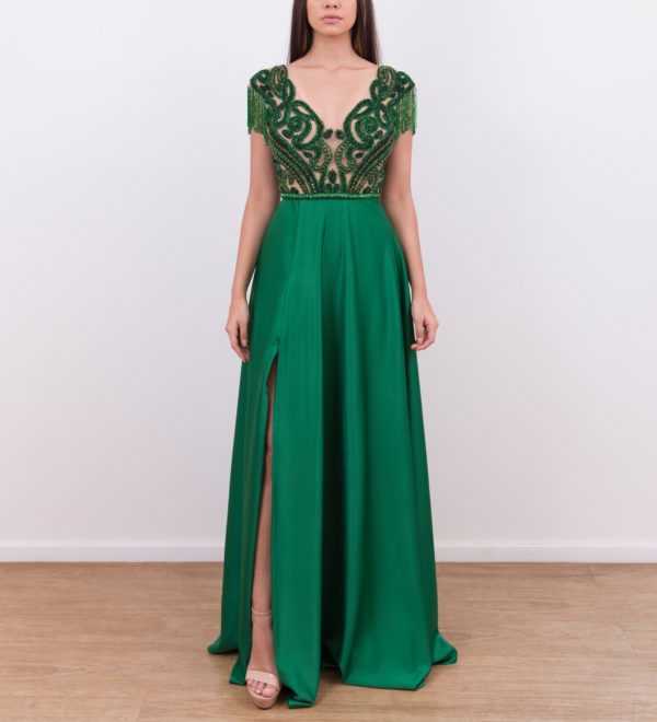 VESTIDO VERDE ESTRUTURADO FENDA COM BLUSA BORDADO FRANJAS