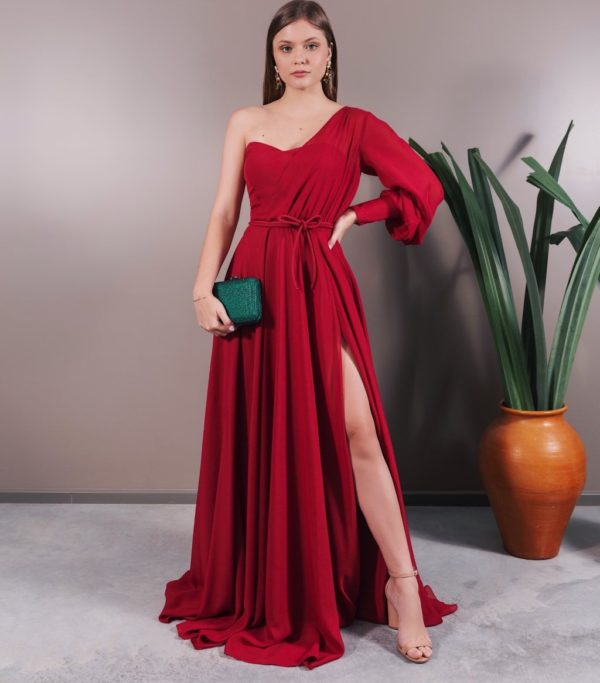 VESTIDO MARSALA FLUIDO UM OMBRO SÓ