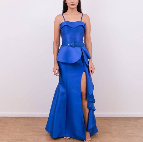 VESTIDO LONGO SEREIA AZUL ROYAL COM FENDA COM BABADO E BLUSA TOMARA QUE CAIA