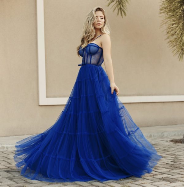 VESTIDO LONGO TULE AZUL ROYAL CAMADAS CORPETE ALÇAS