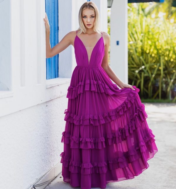 VESTIDO LONGO FUCSIA SAIA BABADOS