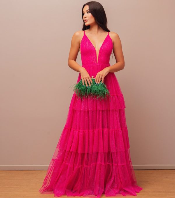 VESTIDO LONGO PINK TULE GLITTER MADRINHAS FORMANDAS