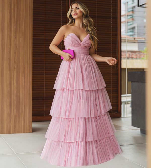 VESTIDO LONGO ROSA COM SAIA EM BABADOS E CORPETE DRAPEADO